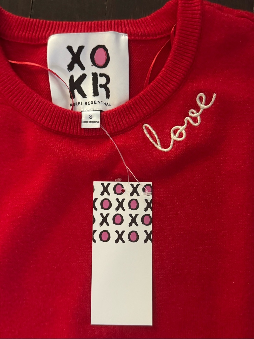 NWT Kerri Rosenthal XOKR Red Sweater w Pink Heart-Elbow, Sz S - Picture 5 of 8